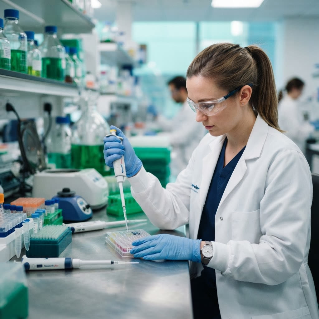 Researcher pipetting samples in a modern biotechnology laboratory